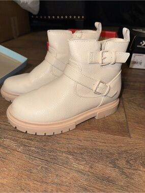 Kids Cream Ankle Boots with Buckle Strap